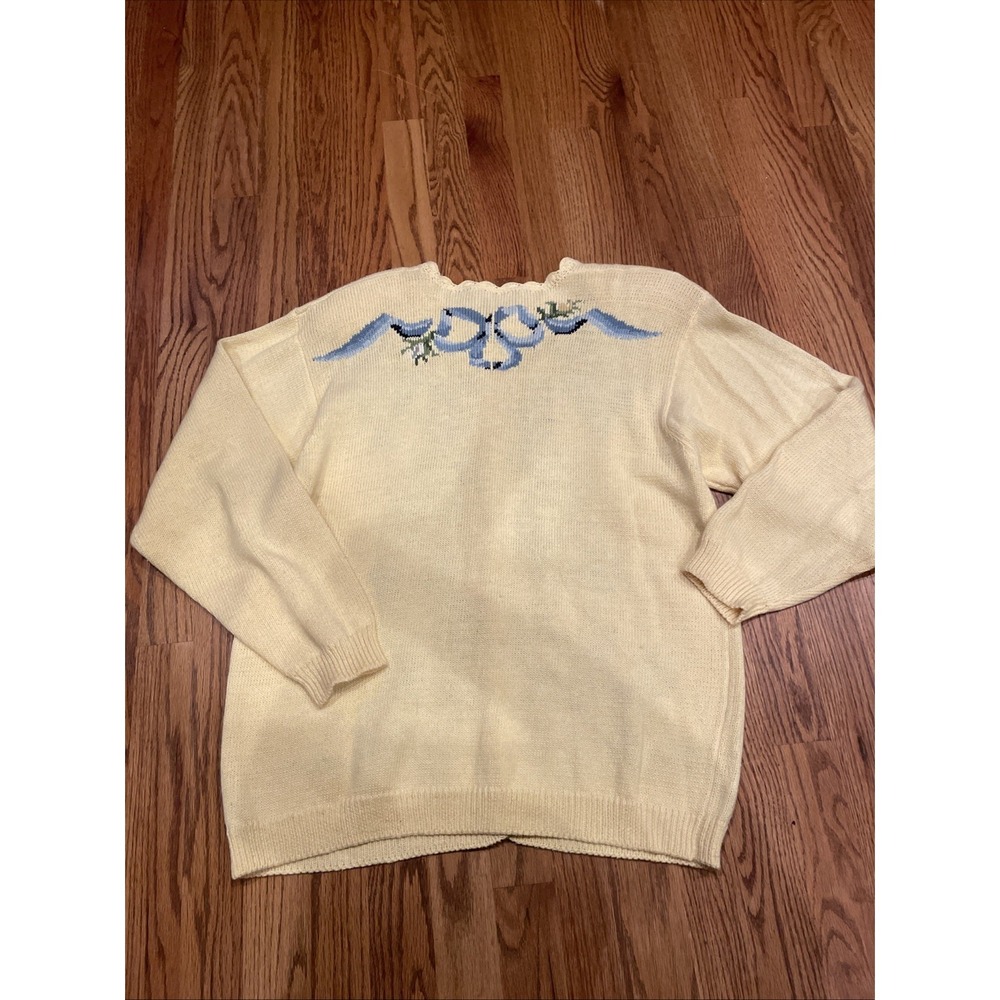 VIntage 90s Susan Brostol Women's Knit Cardigan Yellow Bows Size Large - Picture 2 of 8